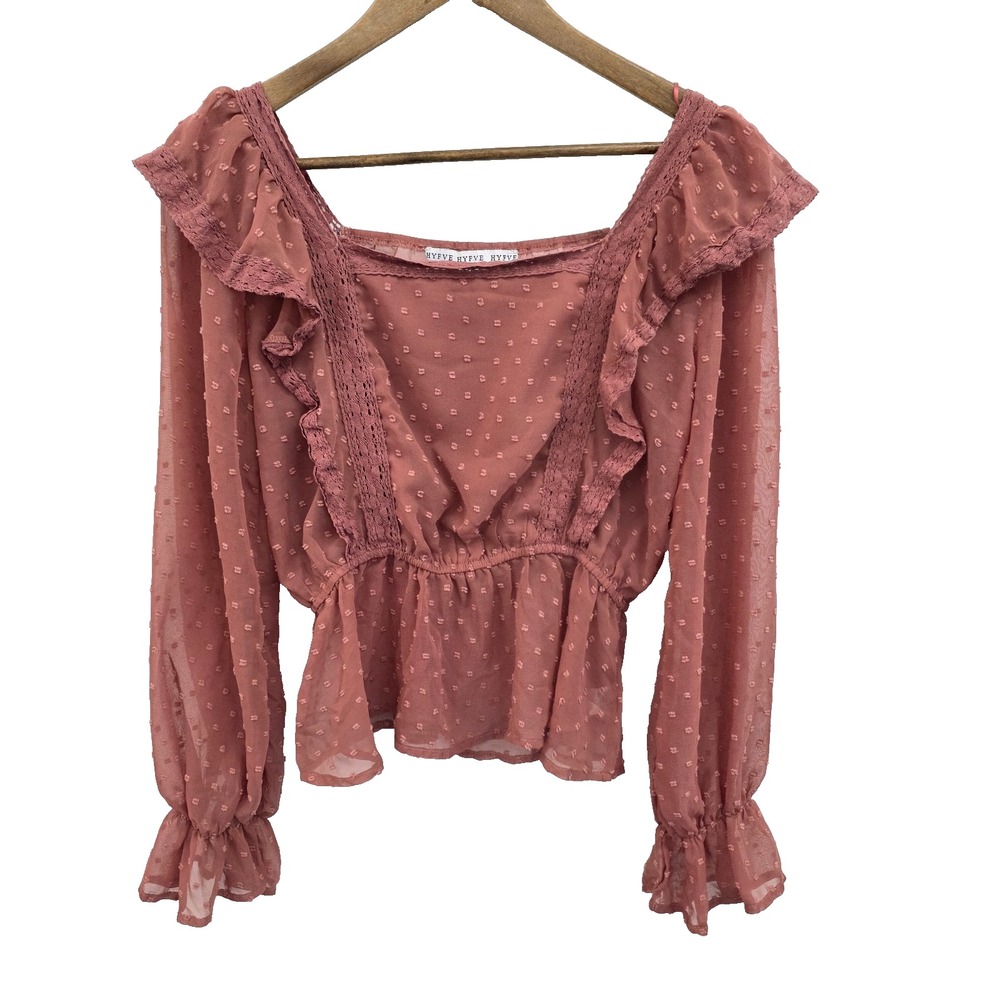 HYFVE Womens L Swiss Dot Ruffle Lace Trim Babydoll Top‎ Sheer Boho Blouse